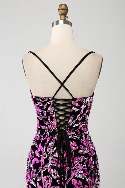 Amzcw Sparkly Mermaid Spaghetti Straps Fuchsia Black Sequin Prom Dress With Side Slit