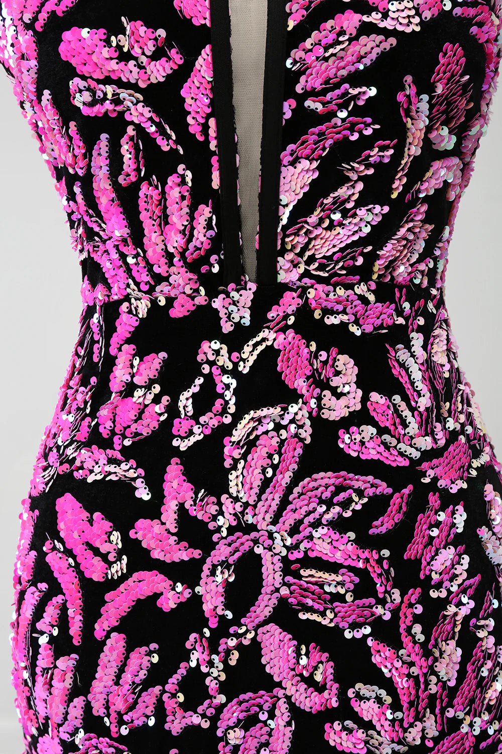 Amzcw Sparkly Mermaid Spaghetti Straps Fuchsia Black Sequin Prom Dress With Side Slit