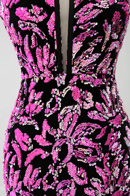 Amzcw Sparkly Mermaid Spaghetti Straps Fuchsia Black Sequin Prom Dress With Side Slit