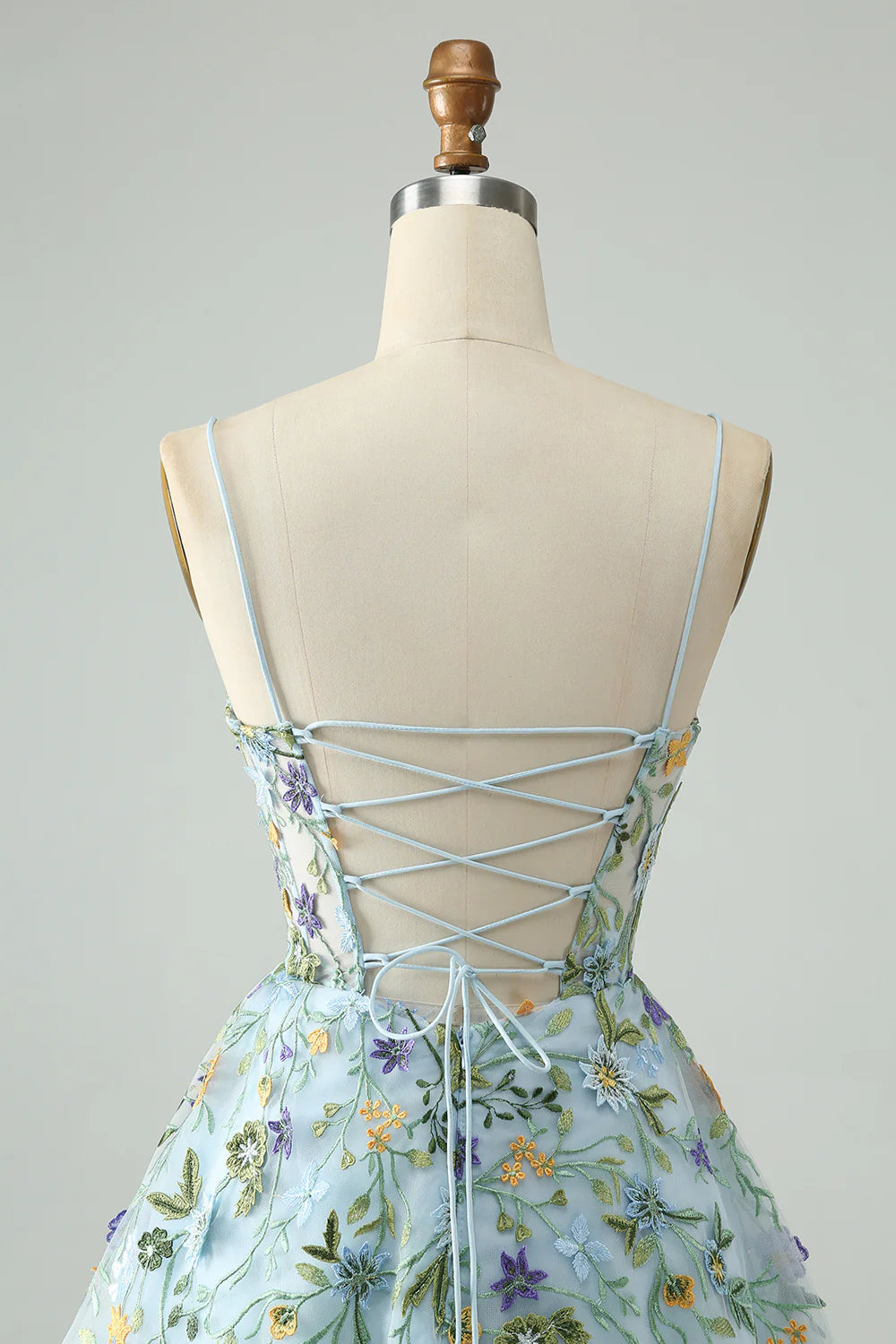 Amzcw Blue Flower A Line Spaghetti Straps Corset Short Homecoming Dress with Embroidery