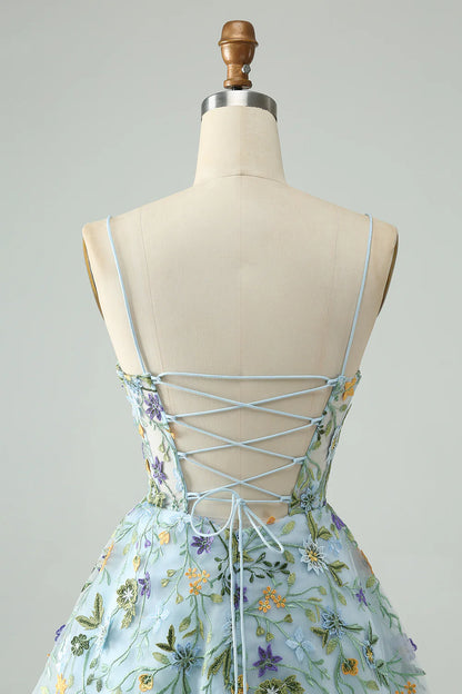 Amzcw Blue Flower A Line Spaghetti Straps Corset Short Homecoming Dress with Embroidery