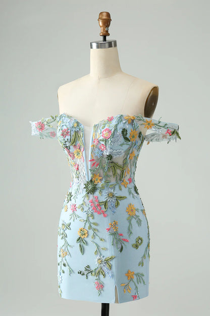 Amzcw Blue Flower Mermaid Off The Shoulder Corset Short Homecoming Dress with Embroidery