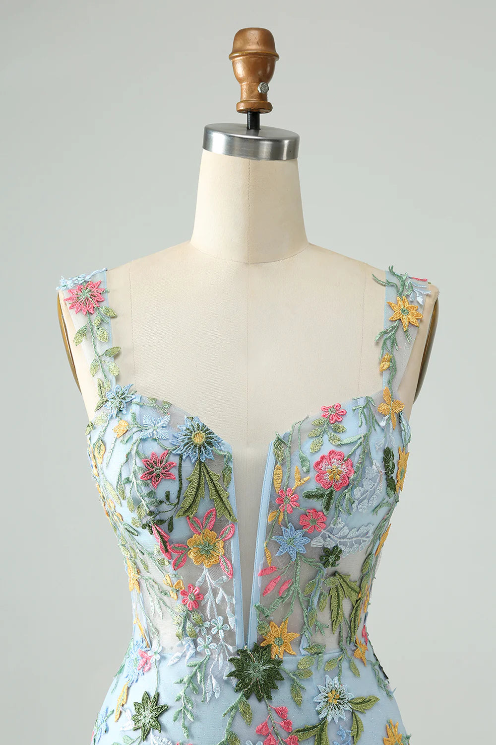 Amzcw Blue Flower Mermaid Off The Shoulder Corset Short Homecoming Dress with Embroidery