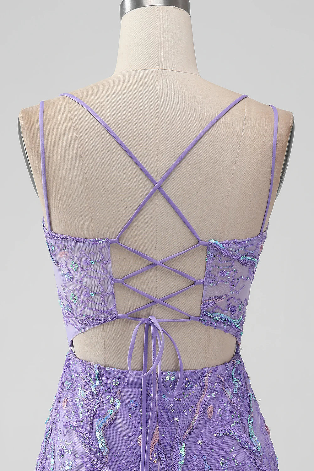 Amzcw Sparkly Lilac Mermaid Lace-Up Back Short Homecoming Dress with Sequins