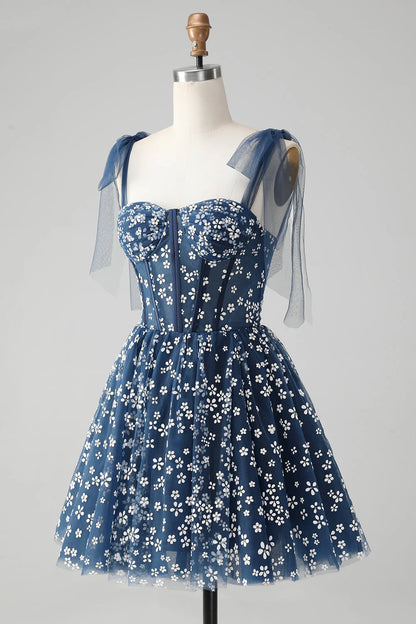 Amzcw Cute A Line Spaghetti Straps Print Corset Navy Short Homecoming Dress