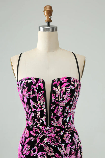 Amzcw Pretty Fuchsia Black Bodycon Sparkly Sequin Short Homecoming Dress