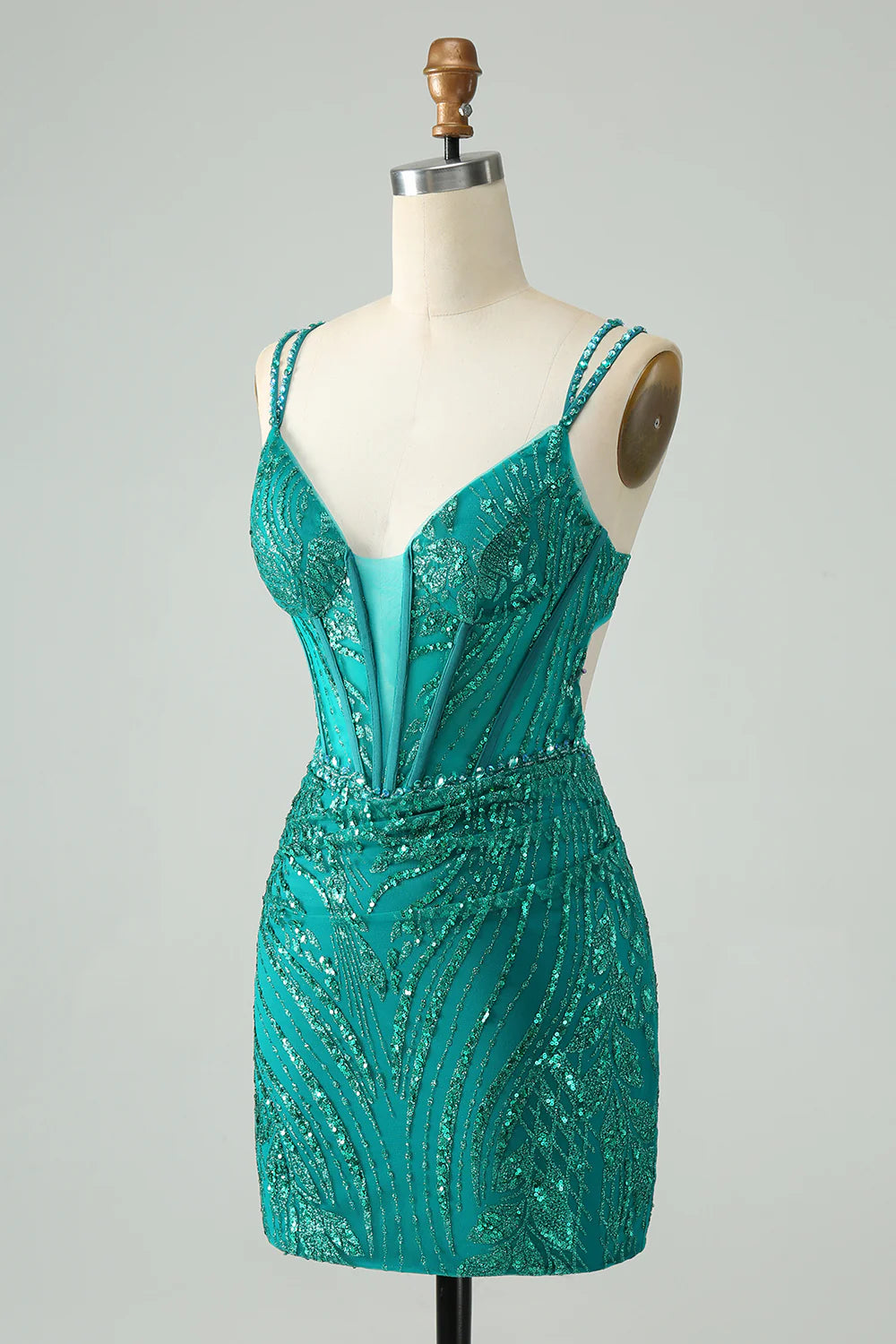 Amzcw Classy Dark Green Bodycon Spaghetti Straps Corset Sequin Short Homecoming Dress