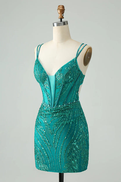 Amzcw Classy Dark Green Bodycon Spaghetti Straps Corset Sequin Short Homecoming Dress