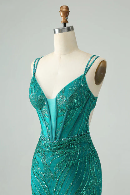 Amzcw Classy Dark Green Bodycon Spaghetti Straps Corset Sequin Short Homecoming Dress