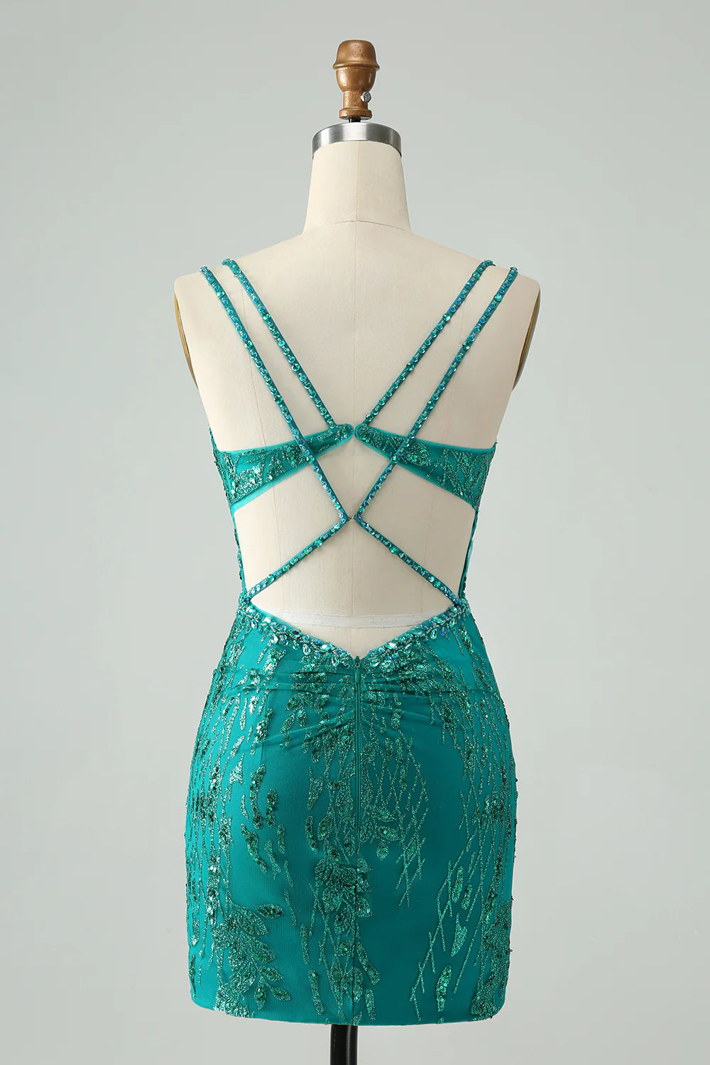 Amzcw Classy Dark Green Bodycon Spaghetti Straps Corset Sequin Short Homecoming Dress