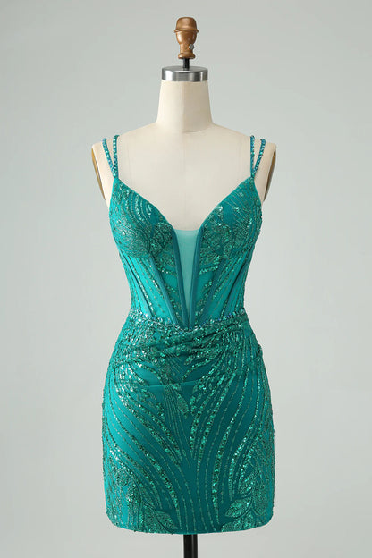 Amzcw Classy Dark Green Bodycon Spaghetti Straps Corset Sequin Short Homecoming Dress