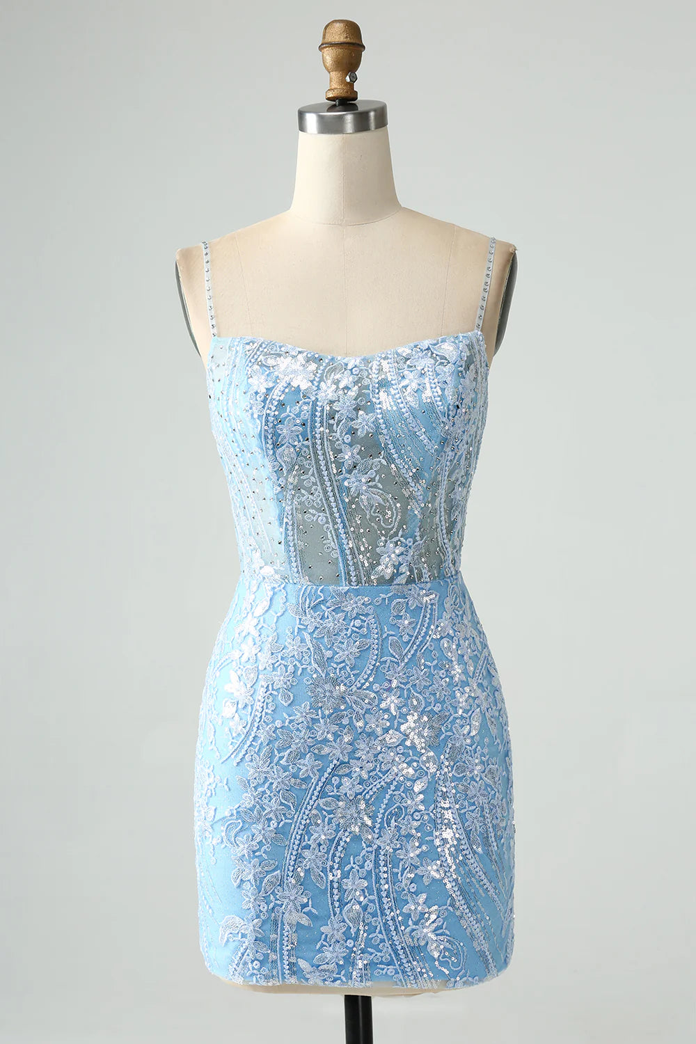 Amzcw Sparkly Sky Blue Spaghetti Straps Short Homecoming Dress With Beading