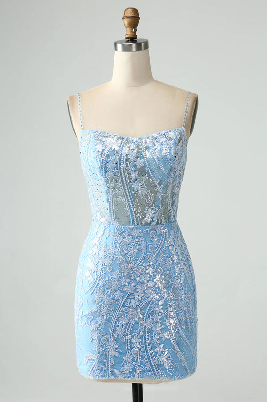 Amzcw Sparkly Sky Blue Spaghetti Straps Short Homecoming Dress With Beading