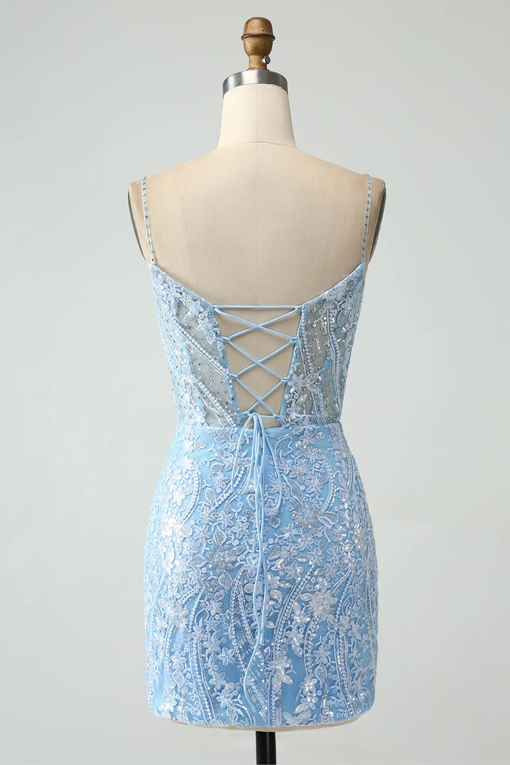 Amzcw Sparkly Sky Blue Spaghetti Straps Short Homecoming Dress With Beading