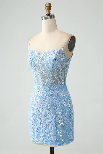 Amzcw Sparkly Sky Blue Spaghetti Straps Short Homecoming Dress With Beading