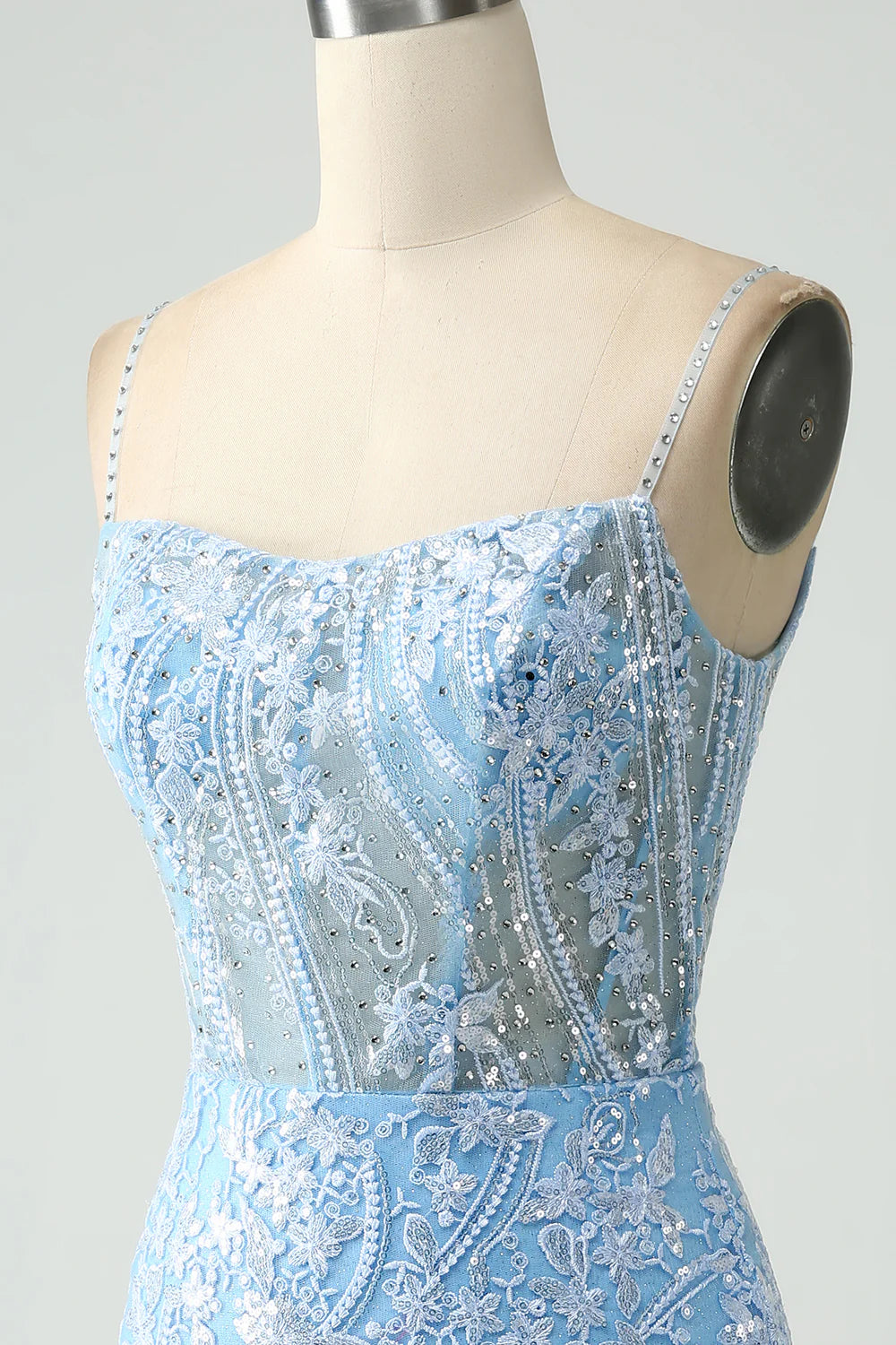 Amzcw Sparkly Sky Blue Spaghetti Straps Short Homecoming Dress With Beading