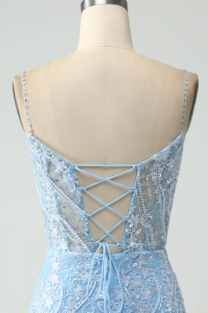 Amzcw Sparkly Sky Blue Spaghetti Straps Short Homecoming Dress With Beading