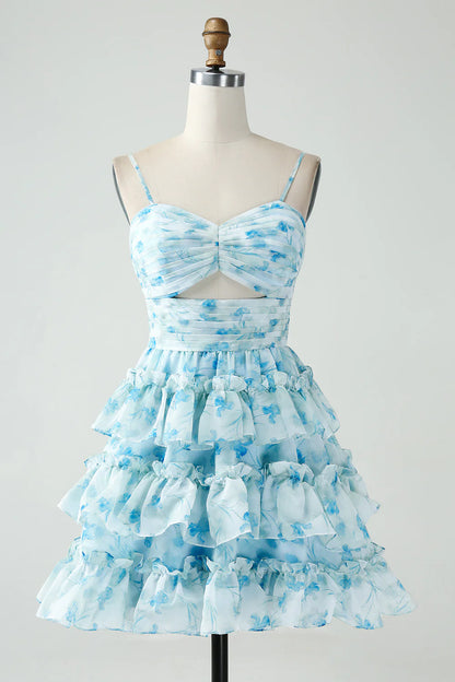 Amzcw Blue Flower A-Line Tiered Pleated Short Homecoming Dress
