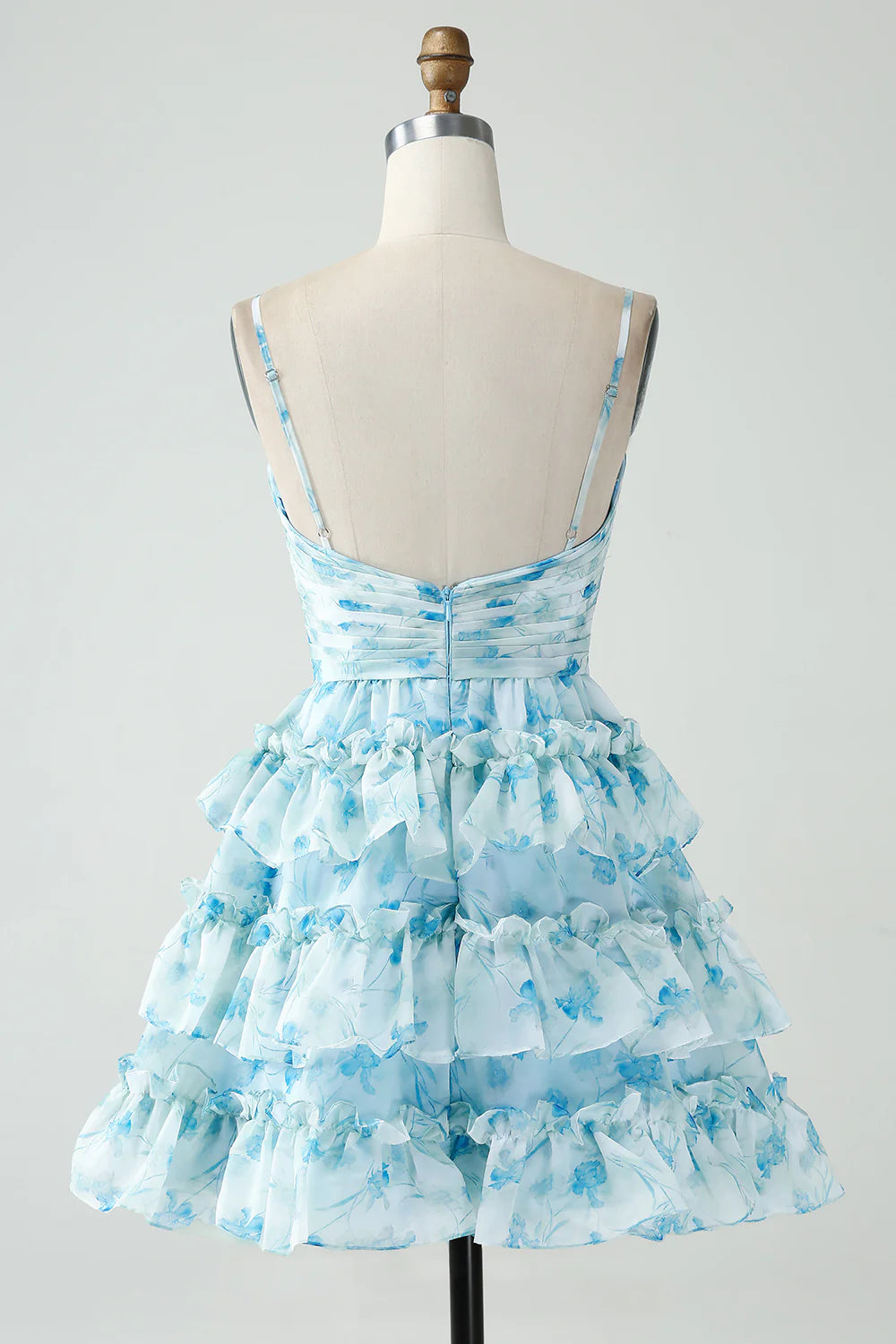 Amzcw Blue Flower A-Line Tiered Pleated Short Homecoming Dress