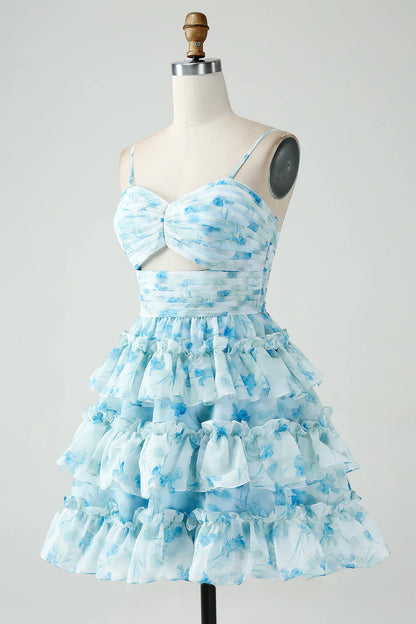 Amzcw Blue Flower A-Line Tiered Pleated Short Homecoming Dress