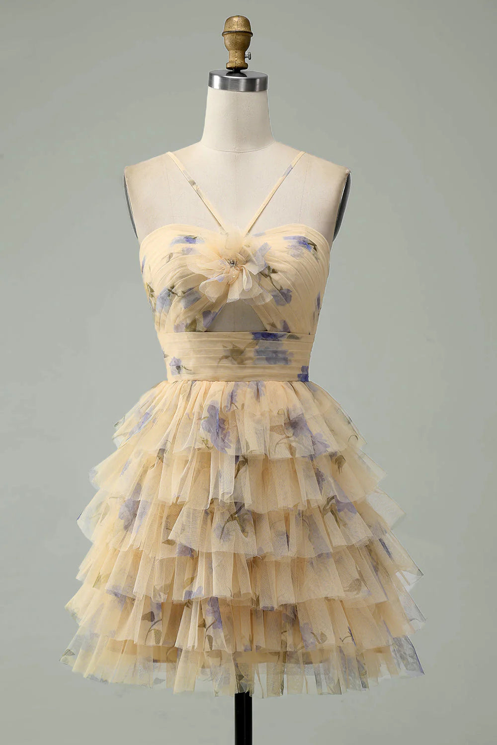 Amzcw Yellow Flower A-Line Halter Tiered Print Short Homecoming Dress