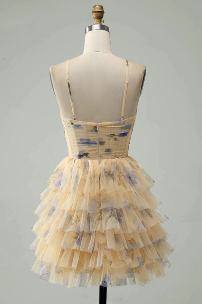 Amzcw Yellow Flower A-Line Halter Tiered Print Short Homecoming Dress