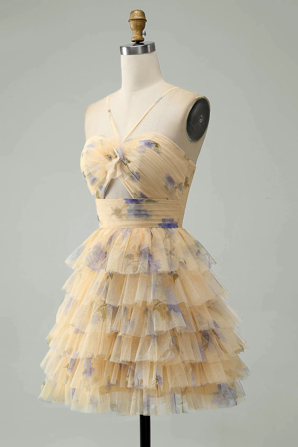 Amzcw Yellow Flower A-Line Halter Tiered Print Short Homecoming Dress