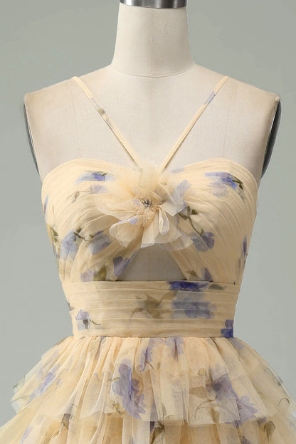 Amzcw Yellow Flower A-Line Halter Tiered Print Short Homecoming Dress