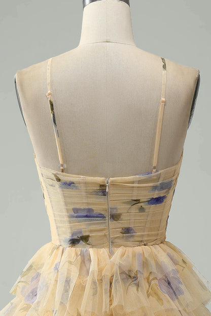 Amzcw Yellow Flower A-Line Halter Tiered Print Short Homecoming Dress