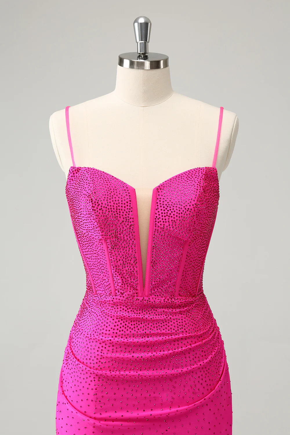 Amzcw Fuchsia Bodycon Spaghetti Straps Corset Short Homecoming Dress with Beading