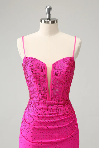 Amzcw Fuchsia Bodycon Spaghetti Straps Corset Short Homecoming Dress with Beading