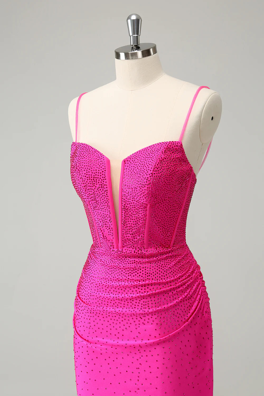 Amzcw Fuchsia Bodycon Spaghetti Straps Corset Short Homecoming Dress with Beading