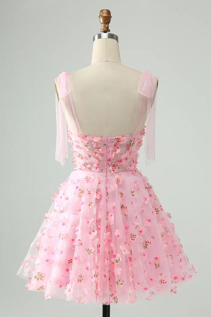 Amzcw Cute Pink A Line Pearls Corset Short Homecoming Dress with Appliques Flower