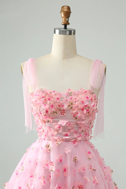 Amzcw Cute Pink A Line Pearls Corset Short Homecoming Dress with Appliques Flower