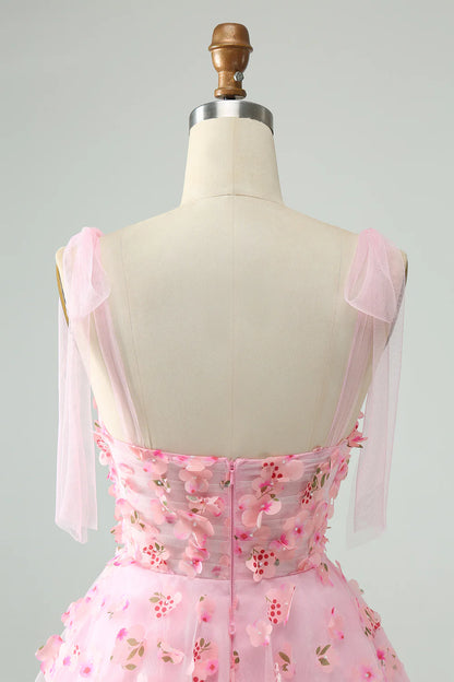 Amzcw Cute Pink A Line Pearls Corset Short Homecoming Dress with Appliques Flower