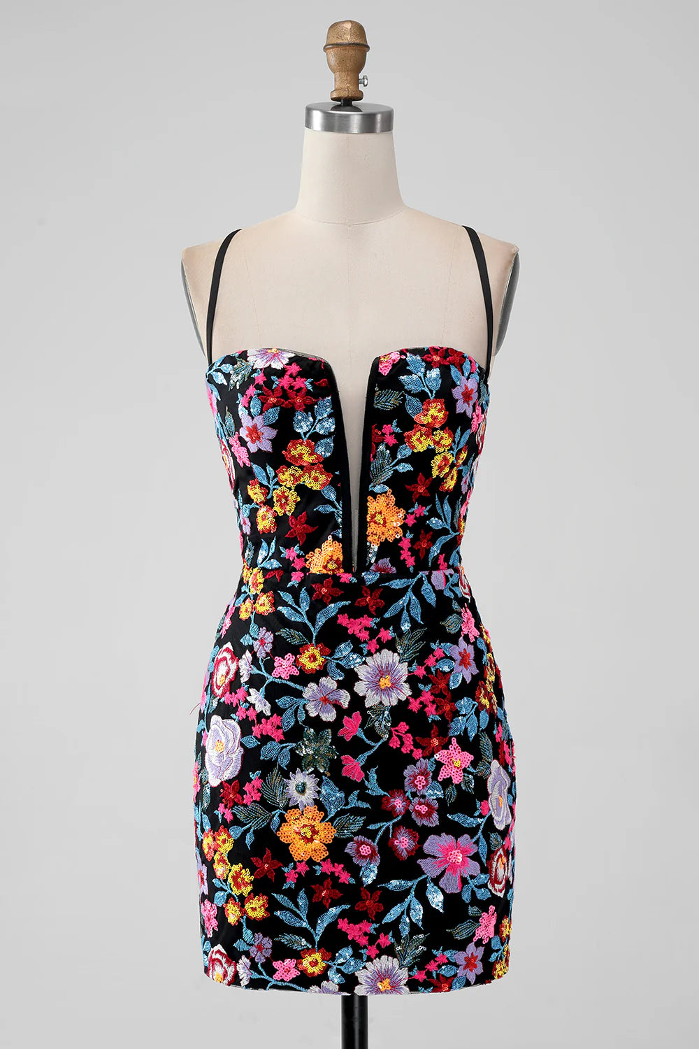 Amzcw Black Flower Mermaid Spaghetti Straps Embroidered Short Homecoming Dress