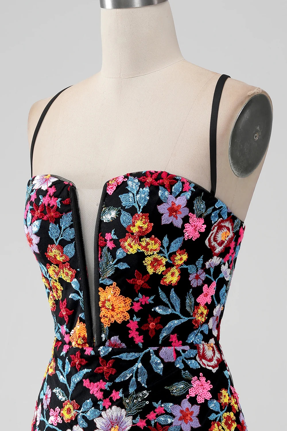 Amzcw Black Flower Mermaid Spaghetti Straps Embroidered Short Homecoming Dress