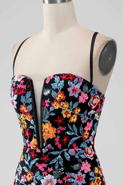 Amzcw Black Flower Mermaid Spaghetti Straps Embroidered Short Homecoming Dress