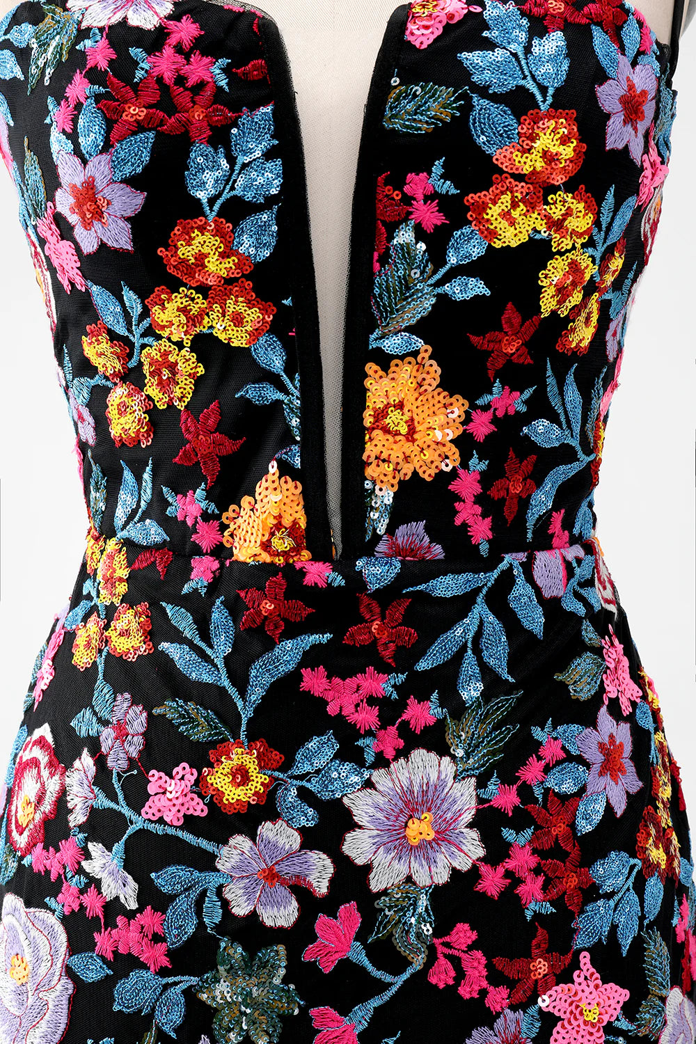 Amzcw Black Flower Mermaid Spaghetti Straps Embroidered Short Homecoming Dress