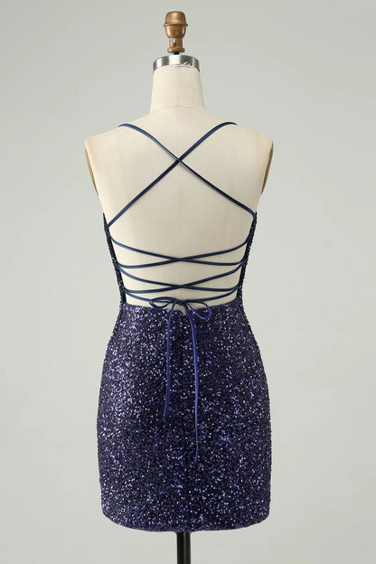 Amzcw Sparkly Navy Bodycon Spaghetti Straps Backless Short Homecoming Dress with Sequins