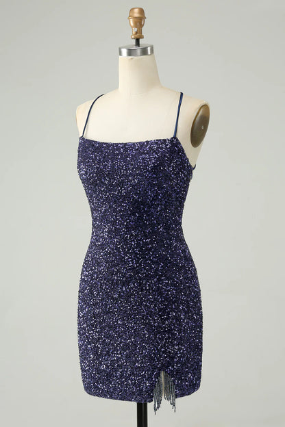 Amzcw Sparkly Navy Bodycon Spaghetti Straps Backless Short Homecoming Dress with Sequins