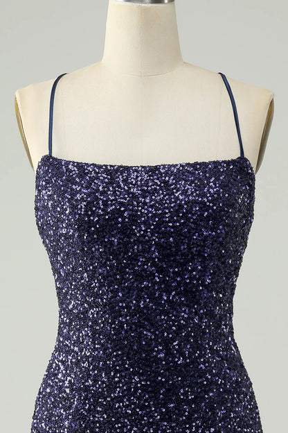 Amzcw Sparkly Navy Bodycon Spaghetti Straps Backless Short Homecoming Dress with Sequins