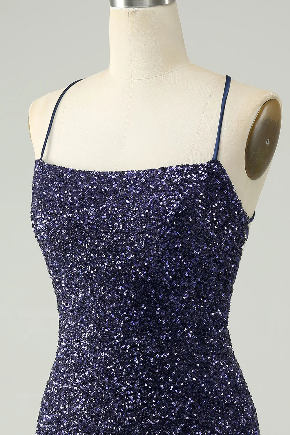 Amzcw Sparkly Navy Bodycon Spaghetti Straps Backless Short Homecoming Dress with Sequins