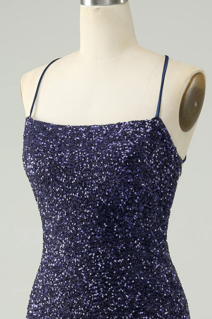 Amzcw Sparkly Navy Bodycon Spaghetti Straps Backless Short Homecoming Dress with Sequins