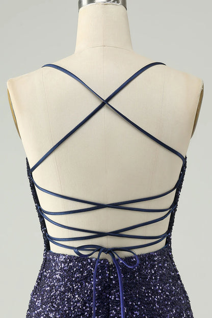 Amzcw Sparkly Navy Bodycon Spaghetti Straps Backless Short Homecoming Dress with Sequins