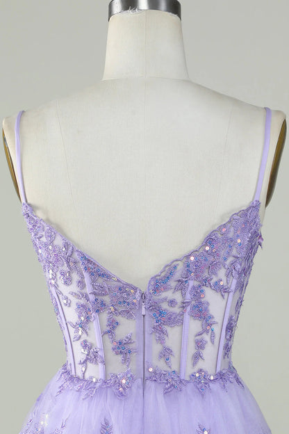 Amzcw Sparkly Purple A Line Spaghetti Straps Tiered Corset Short Homecoming Dress
