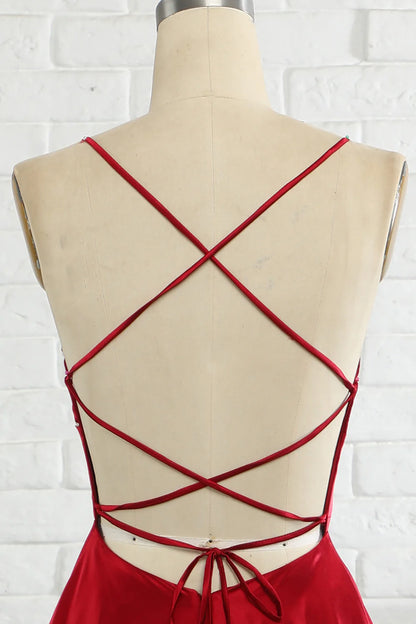 Vestido de fiesta largo burdeos con tirantes finos, corte A y espalda cruzada