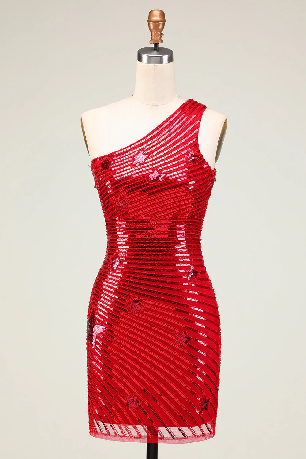 Amzcw Sparkly Red Sheath One Shoulder Sequins Short Homecoming Dress with Star