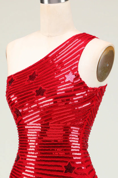 Amzcw Sparkly Red Sheath One Shoulder Sequins Short Homecoming Dress with Star