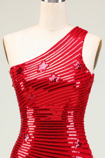 Amzcw Sparkly Red Sheath One Shoulder Sequins Short Homecoming Dress with Star